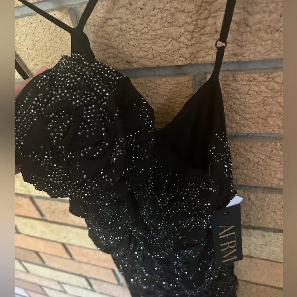 NWT AFRM Black Rhinestone Mini Rouched Cocktail Dress w/ Flower Size Small HOCO - Picture 2 of 4